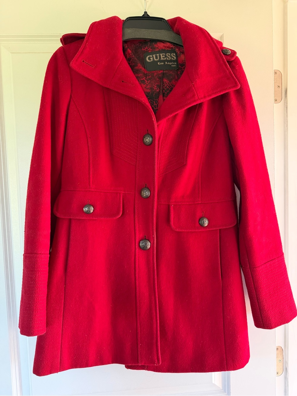 GUESS Bright Red Wool Pea Coat with Decorative Buttons